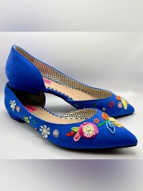 Betsey Johnson Cypress Blue Beaded Embellished Flats Size 7 Flowers Art 2 Wear
